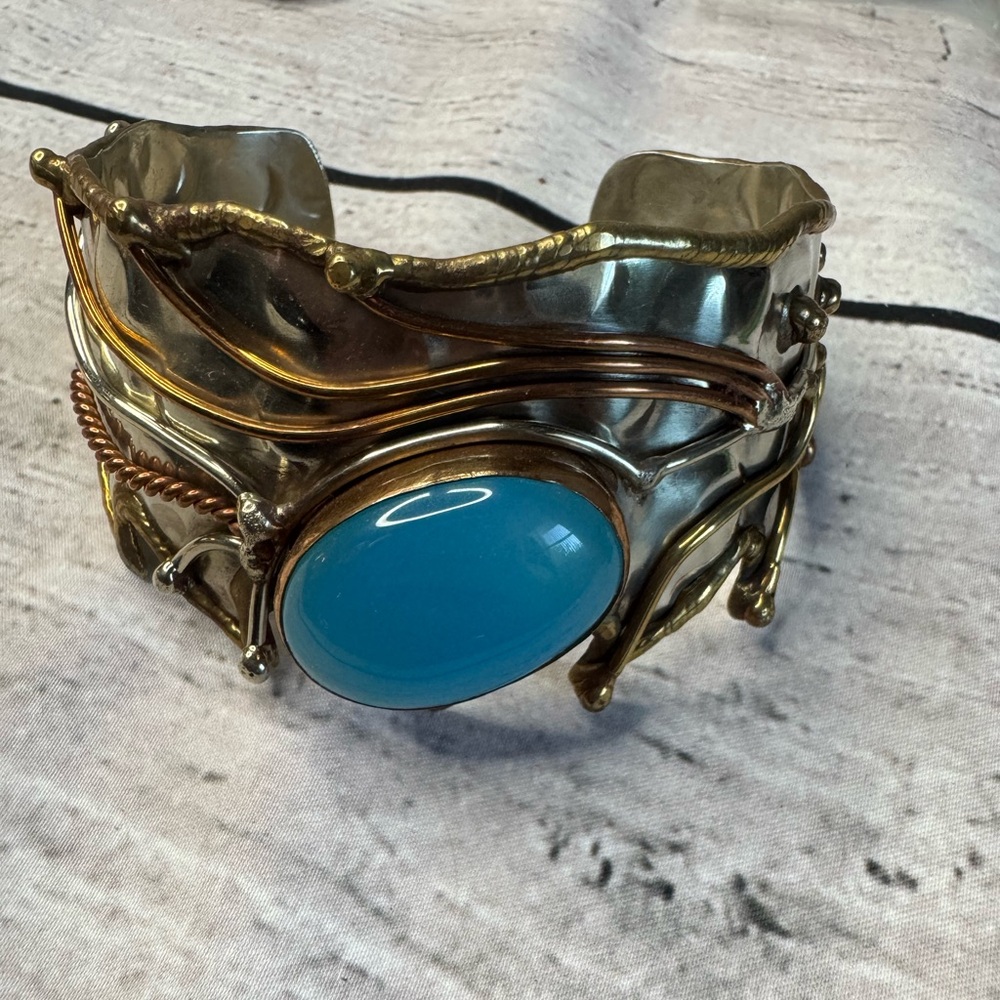 Stunning Handmade 3 Metal-Tone Cuff Bracelet With Chalcedony Cabochon